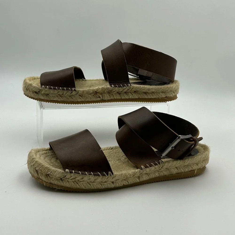 New Garnet Hill Espadrille Sandals Women 39 Brown Leather Ankle Strap Boho Italy